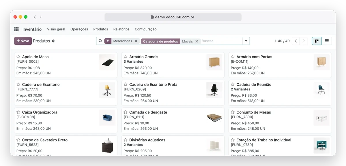Catálogo de produtos do Odoo90 com preço e quantidade em estoque