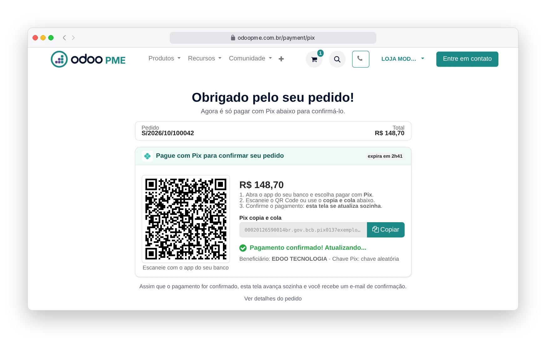 Tela do Pix no Odoo90 com o pagamento confirmado: a página avança sozinha para os próximos passos