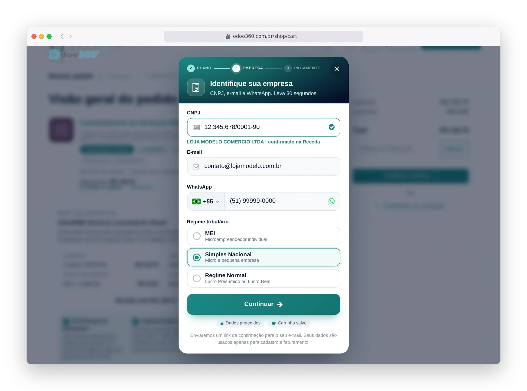 Janela de cadastro rápido do Odoo90 pedindo CNPJ, e-mail e regime tributário com as opções MEI, Simples Nacional e Regime Normal