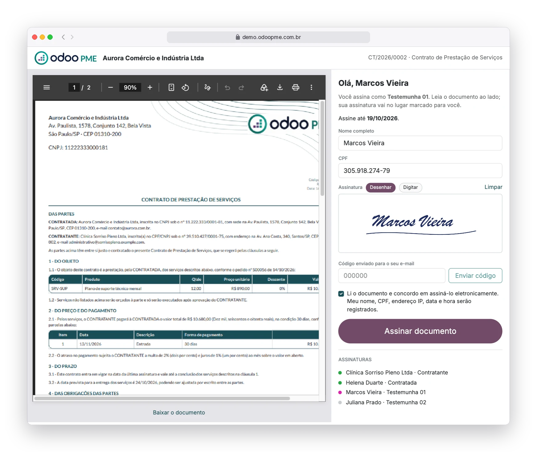 Página de assinatura eletrônica do contrato no Odoo90, com o documento ao lado, assinatura desenhada e código enviado por e-mail