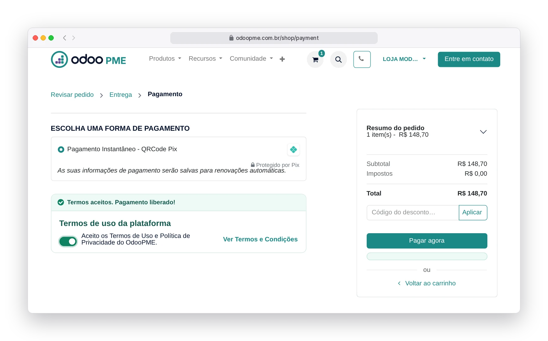 Tela de pagamento do Odoo90 com Pix selecionado, termos de uso aceitos e botão Pagar agora liberado