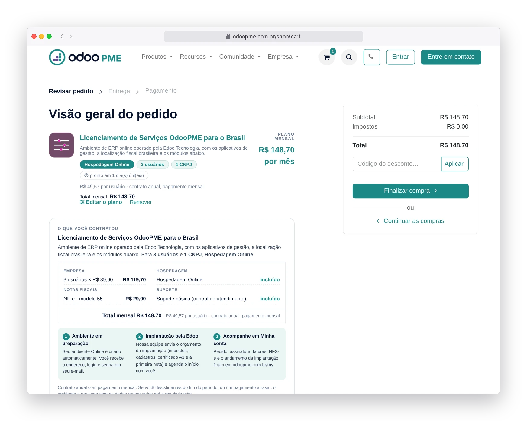 Carrinho com uma única linha do plano Odoo90 de R$ 148,70 por mês e o card da contratação